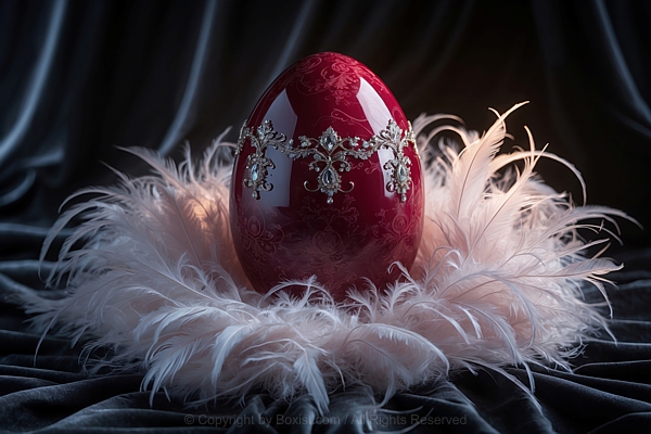 Decorated Ornamental Red Egg Surrounded With White Feathers