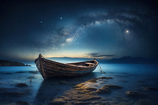 Fishing Boat In The Lake With Starry Sky Stars
