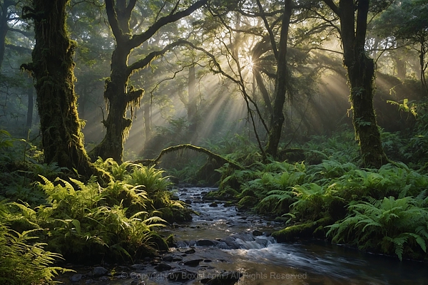 Dense Forest At Dawn With Sunlight Filtering Through The Trees