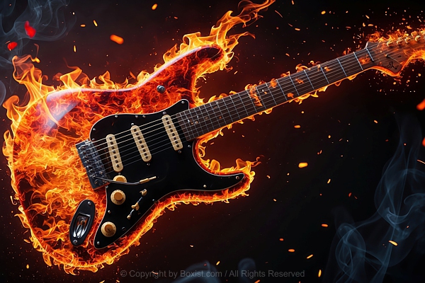 Electric Guitar Blazes With Intense Fire Flames
