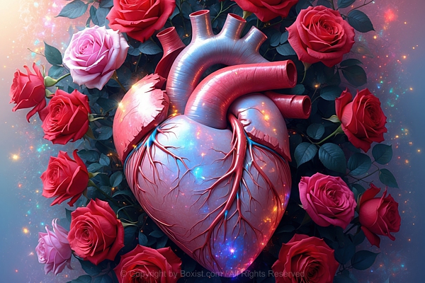 Human Heart Surrounded With Red Roses Digital Art Design