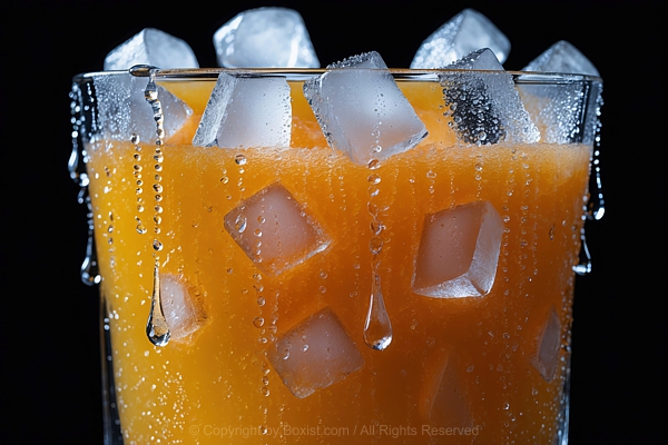 Frosted Glass Of Fresh Squeezed Orange Juice With Ice Cubes