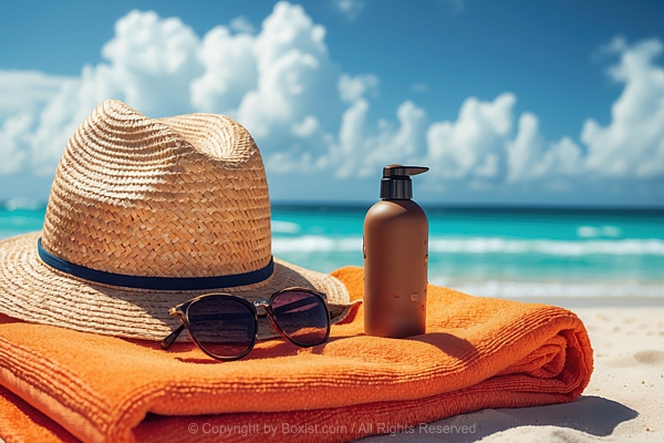 Beach Scene With Straw Hat And Folded Towel And Pair Of Sunglasses And Sunscreen Bottle