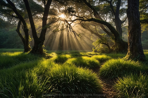Trees With Grass Field And Sunrise