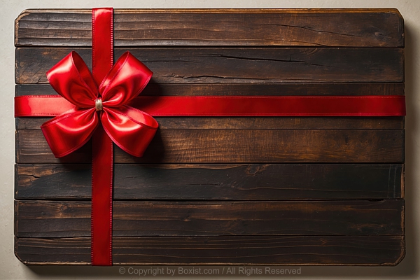 Rectangular Wooden Piece Featuring Visible Grain With Red Ribbon Wrapped Around