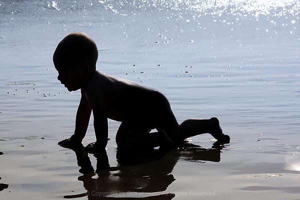 Silhouette Of Baby Crawling On Wet Sand By The Sea At Sunset