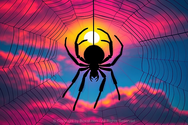 Silhouette Of Spider Hanging From Web Against Vibrant Sunset Background