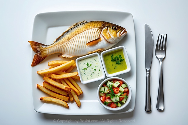 Meal Of Cooked Fish With Fries And Sauces With Fresh Salad Shiny And Silver Fork And Knife