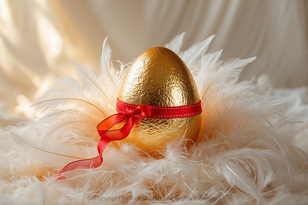 Gold Egg With Red Ribbon On White Feather