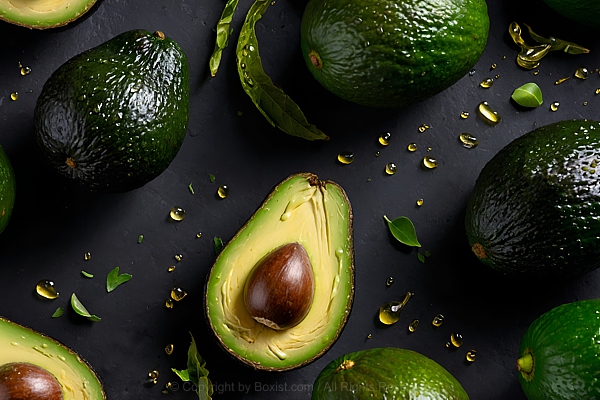 Fresh Avocados On Black Background