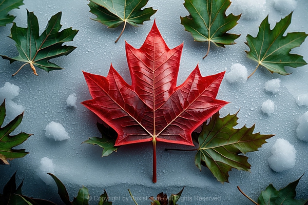 Canadian Red Maple Leaf Surrounded With Green Maple Leaves Placed On Snow Background