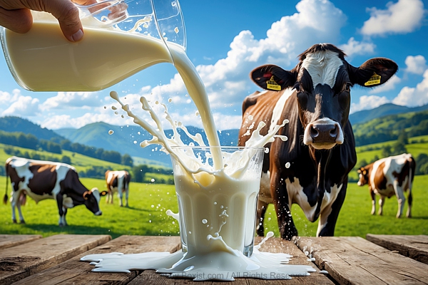 Pouring Milk Into A Glass On A Background Of Pasture With Cows