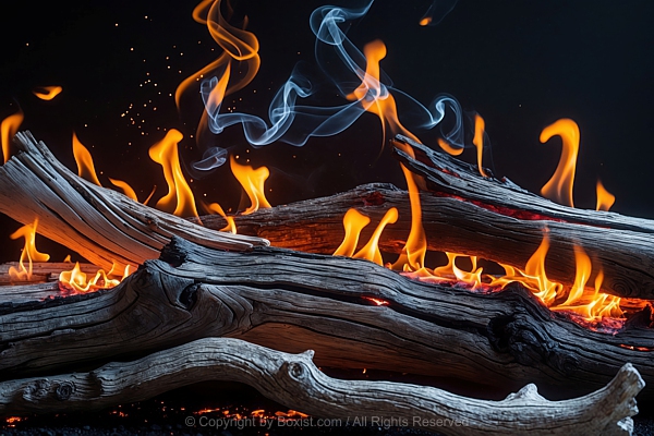 Closeup Of Driftwood With Fire Flames