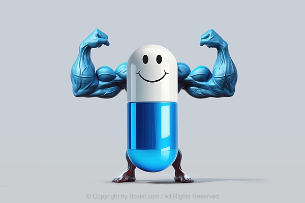 Happy Smiling Medicine Capsule With Biceps Muscle Hands