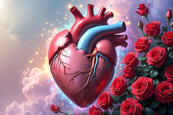 Human Heart With Red Roses And Clouds Background Digital Art Design