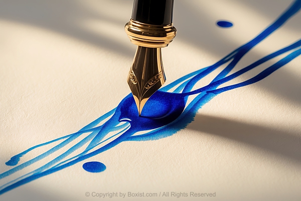 Metallic Fountain Pen Nib Hovers Above Paper Releasing Vivid Blue Streak Of Ink