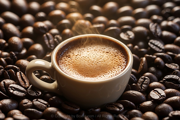 Ceramic Cup Of Coffee On Whole Roasted Coffee Beans