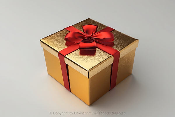 Gift Square Shape Box With Wrapped In Shiny Metallic Gold Paper With Vibrant Red Ribbon