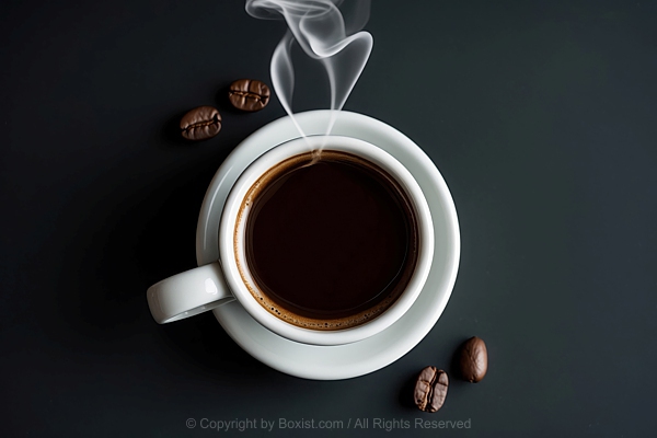 Ceramic Cup With Rich Dark Coffee And Some Coffee Beans