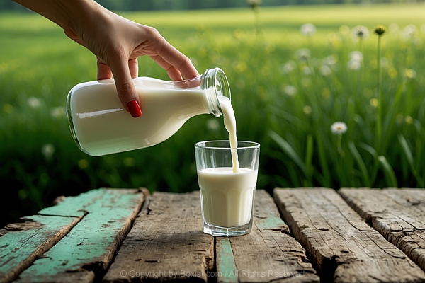 Hand Holding Bottle Of Fresh Milk Pouring Into Drinking Glass On Wooden Table