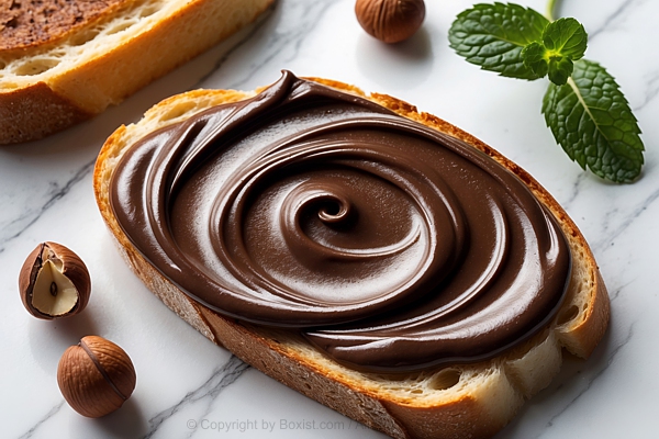 Slice Of Bread With Chocolate Cream With Hazelnut And Mint Leaves