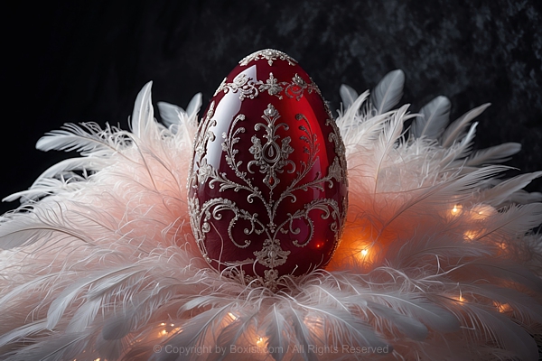 Red Egg With Silver Decoration Placed On Feathers