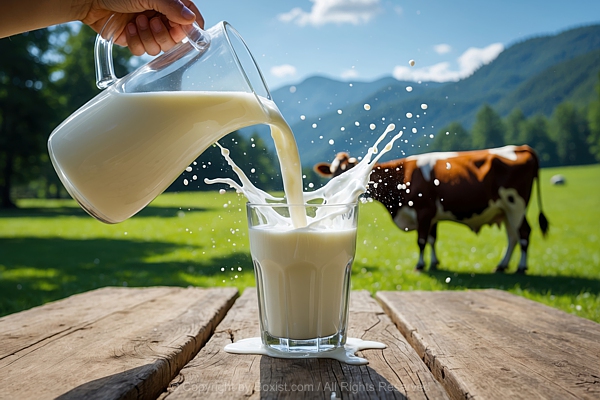 Pouring Milk Into Glass With Splash On A Background Of Pasture With Cows