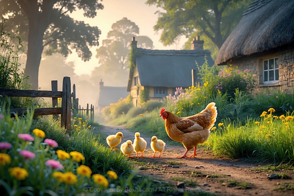 Mother Chicken And Little Chicks In Nature Farm Road