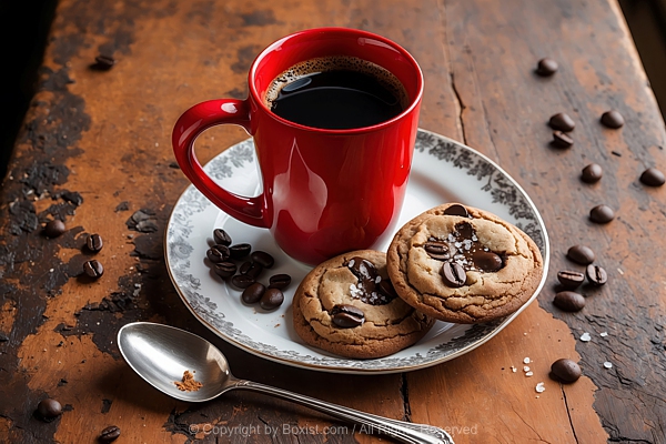 Red Ceramic Mug With Black Coffee And Cookies And Coffee Beans On Old Wooden Table