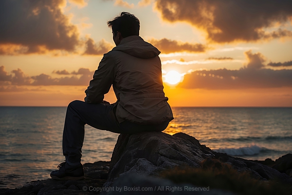 Silhouette Of Person Sitting By The Sea During Sunset