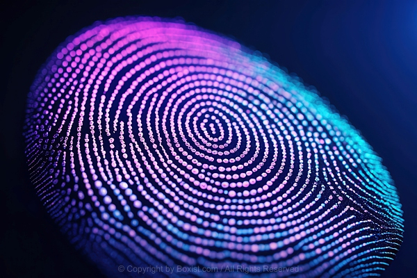 Abstract Closeup View Of Digital Fingerprint With Glowing Dots