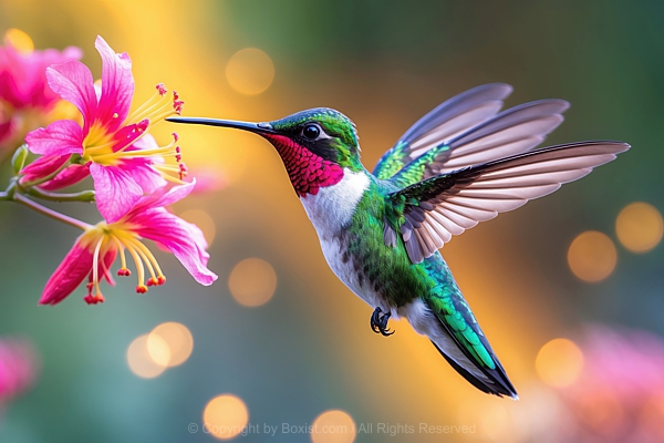 Ruby Throated Hummingbird Hovering Over Blooming Flower