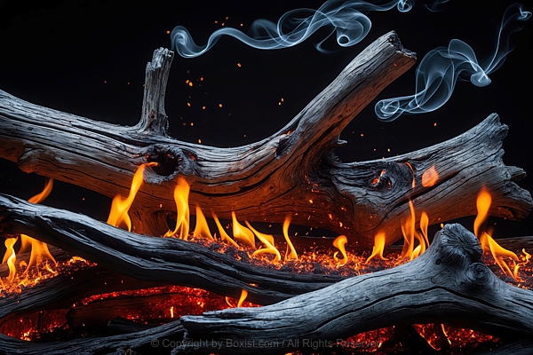 Weathered Driftwood Crackles Beneath Intense Fire Flames