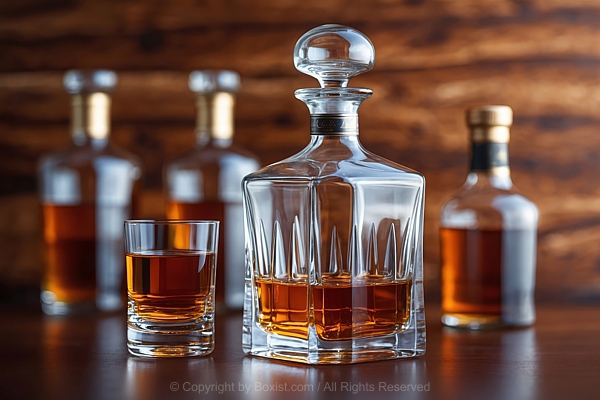 Whiskey Decanter Filled With Amber Colored Liquid Beverage