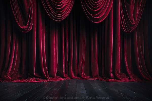 Red Crimson Theatre Curtains With Black Wood Stage Floor
