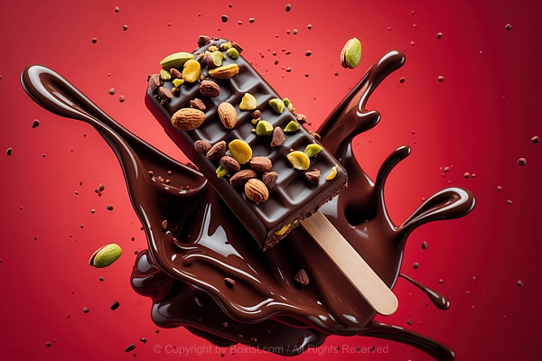 Pistachio Chocolate Popsicle With Chocolate Splash Against Red Background