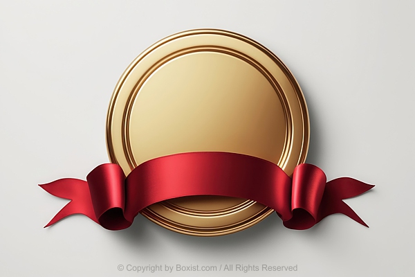 Gold Circular Emblem With Red Silk Ribbon Wraps Around The Lower Half