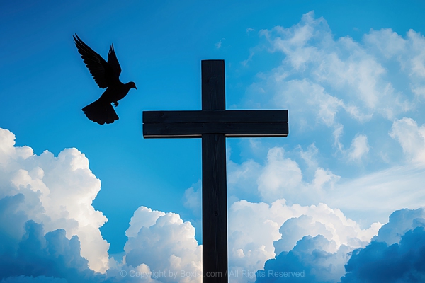 Dove Silhouette In Flight Over Large Wooden Black Cross Against Bright Blue Sky Backdrop