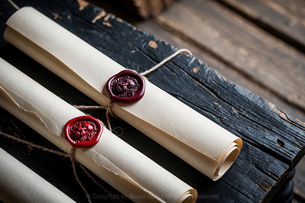 Scroll Letters Tied And Sealed With Wax On Wooden Table