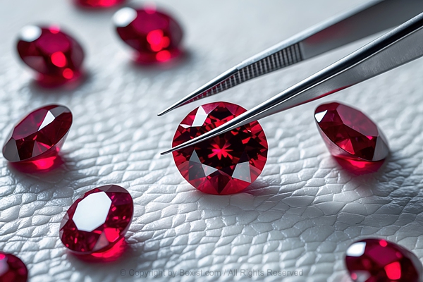 Ruby Gemstones On White Leather With Pair Of Tweezers