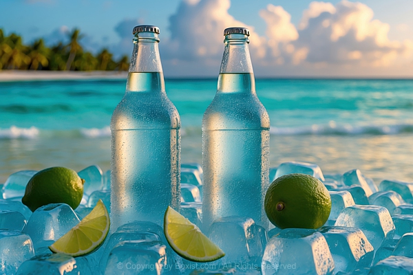 Cold Water Bottles On Ice Cube With Lemons At The Beach