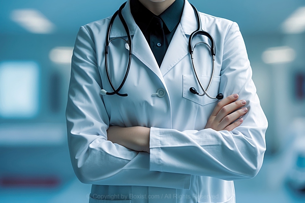 Doctor In Lab Coat With Stethoscope And Crossed Arms