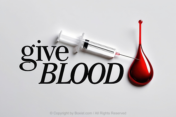 Syringe And Give Blood Text On White Background With Large Glossy Red Blood Droplet