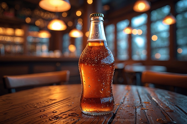 Glass Bottle Drink Covered In Condensation Droplets Placed On Wooden Table