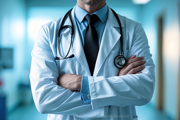 Medical Worker In White Lab Coat Standing With Crossed Arms