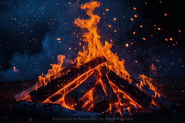 Large Bonfire At Night Sky With Intense Flames