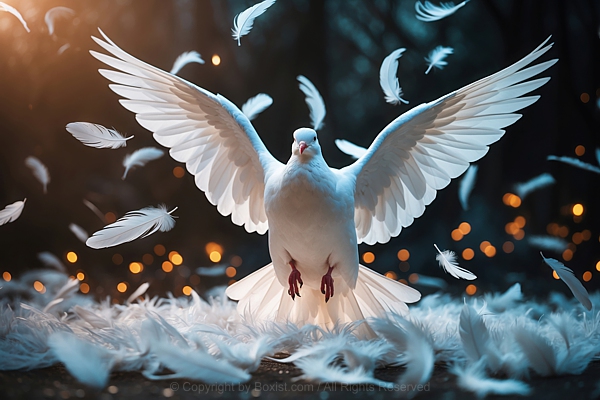 White Dove With Spread Wings Surrounded With White Feathers