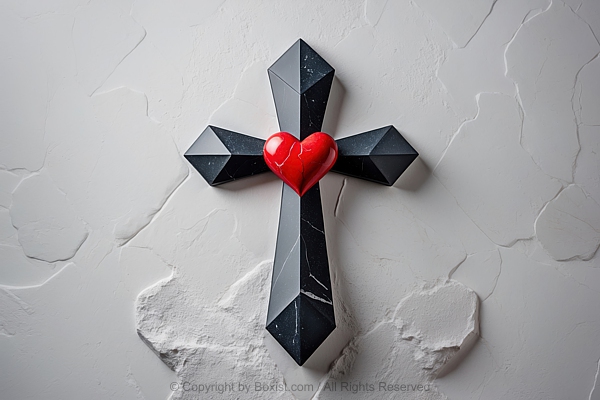 Geometric Black Cross Against White Stone Background With Red Heart In The Center