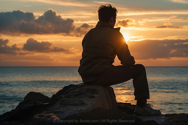 Man Silhouette Sitting On Rock And Watching The Sea During Sunset