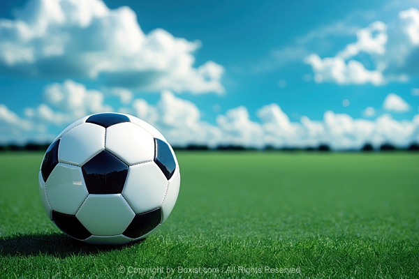Classic Black And White Soccer Ball On Green Grass Field Against Blurry Sky Background